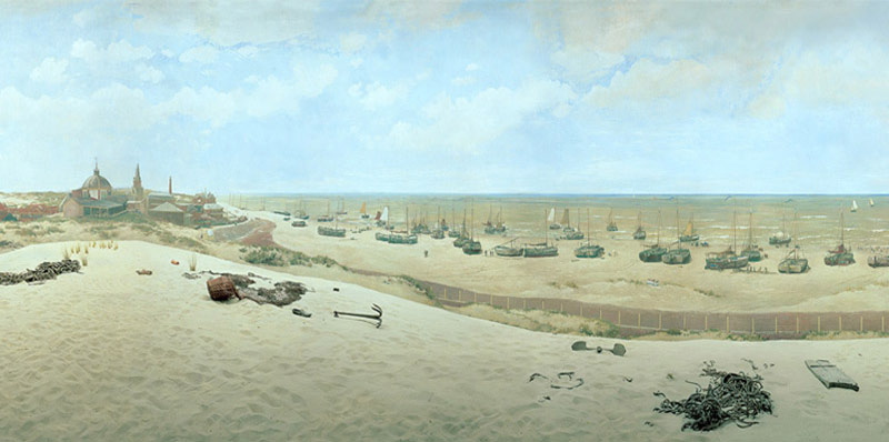 L'histoire des panoramas Image du premier panorama représentant une dune de sable avec des navires au loin
