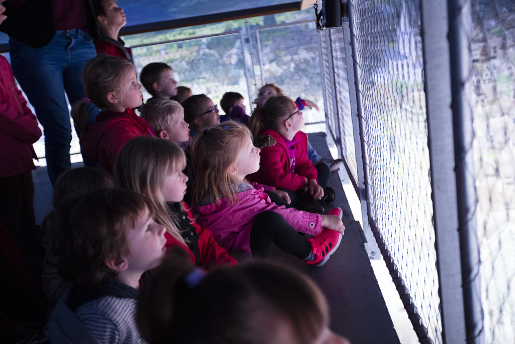 Un groupe d'enfant regarde la toile du Panorama XXL Ã  l'Ã©tage de la tour